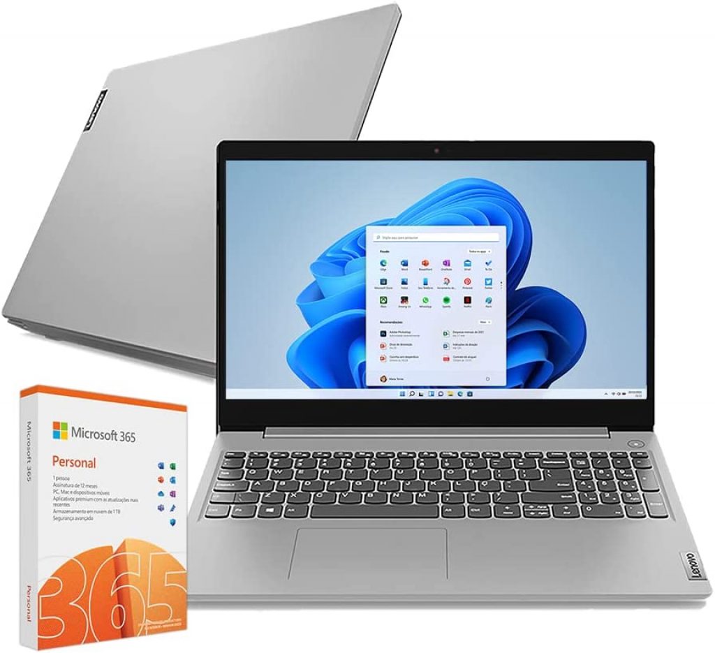 Notebook Lenovo IdeaPad 3i Celeron 4GB 128GB SSD + Microsoft 365 Personal – Windows 11 15.6″ 82BU0008BR Prata