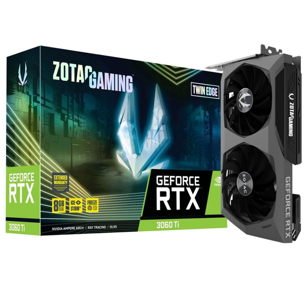 Placa de Vídeo RTX 3060 Ti Twin Edge OC ZOTAC Gaming GeForce, 8 GB GDDR6, LHR, LED Branco, Ray Tracing – ZT-A30610H-10MLHR