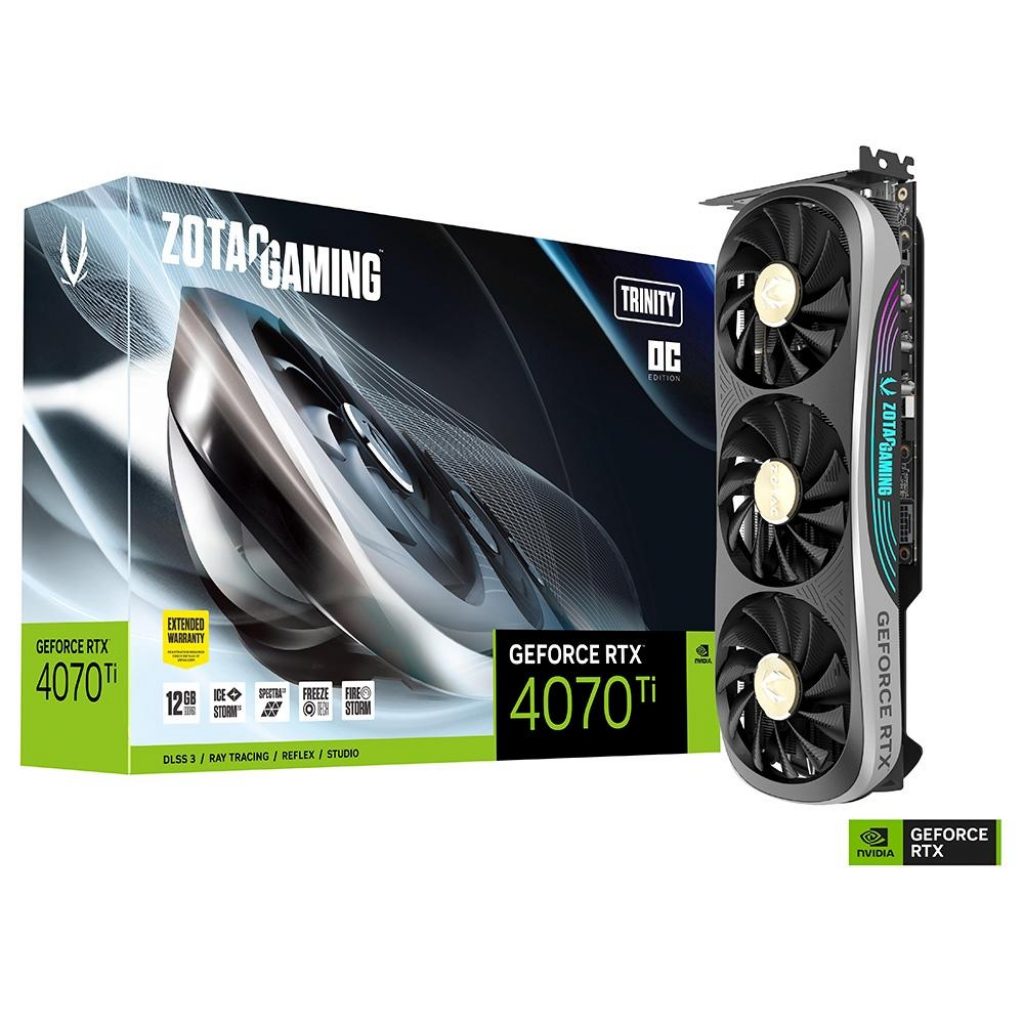 Placa de Vídeo RTX 4070 Ti Trinity OC ZOTAC Gaming NVIDIA Geforce, 12GB GDDR6X, DLSS 3, Ray Tracing – ZT-D40710J-10P
