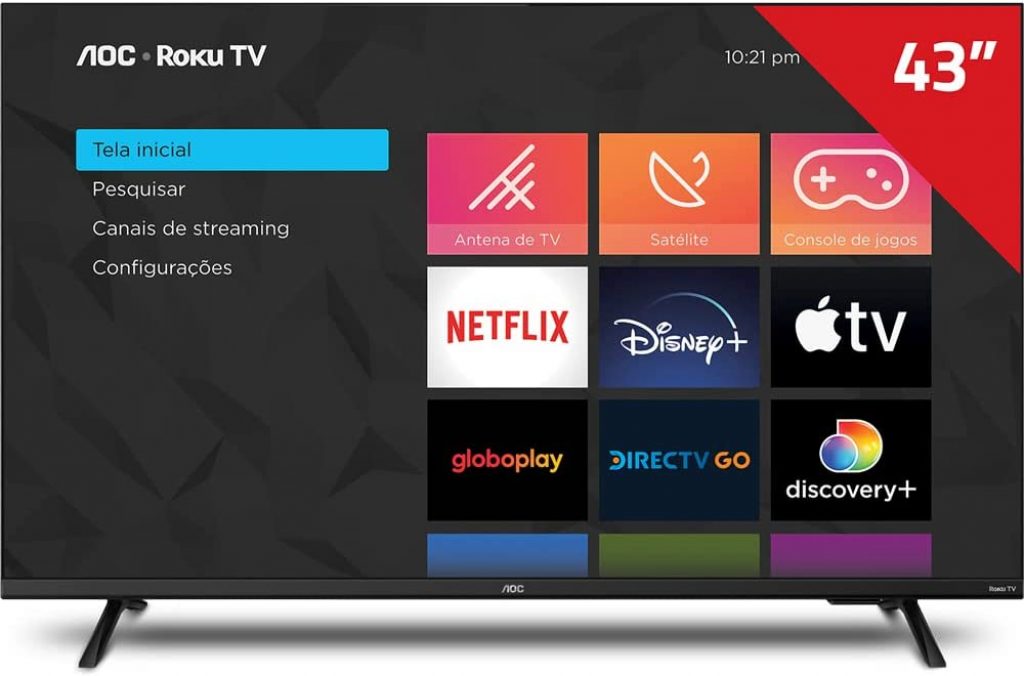Smart TV 43″ AOC Full HD 43S5135/78G Roku TV, Dolby Digital, Comando de Voz, 60 Hz, Processador Quad Core