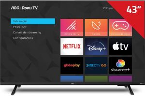 Smart TV 43″ AOC Full HD 43S5135/78G Roku TV, Dolby Digital, Comando de Voz, 60 Hz, Processador Quad Core