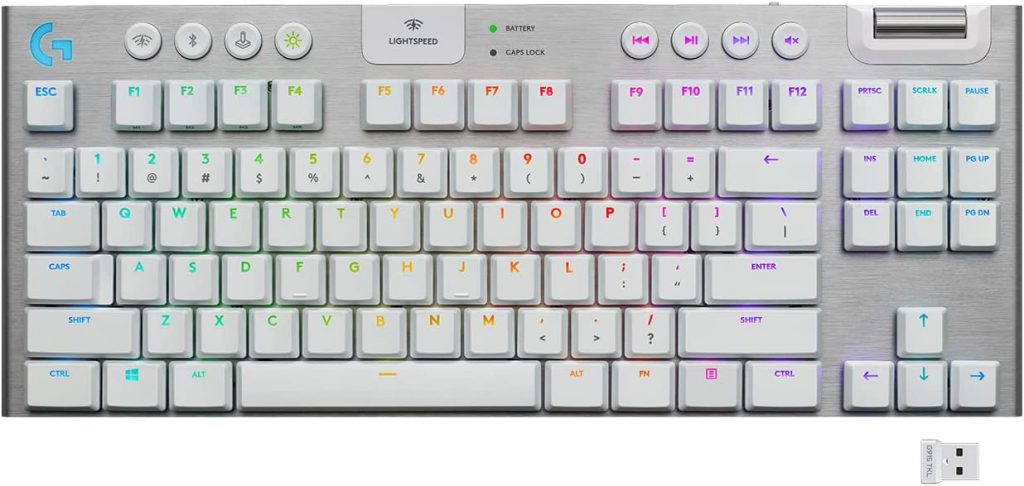 Teclado Mecânico Gamer Sem Fio Logitech G915 TKL com RGB LIGHTSYNC, USB ou Bluetooth, Controles de Mídia, Design Ultrafino, Exclusivo Switch de Perfil Baixo GL Tactile e Bateria Recarregável – Branco
