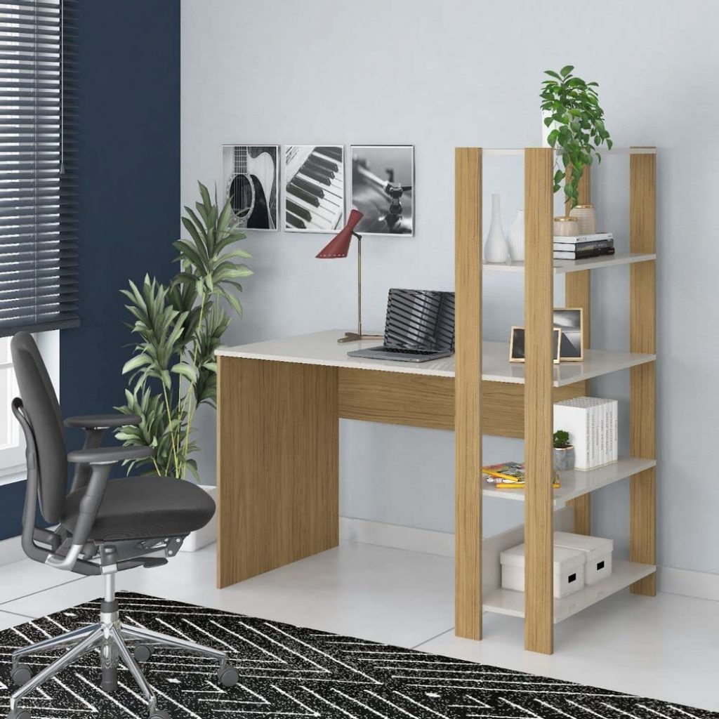 Escrivaninha com Estante Lateral MATCH cor Off White/Carvalho – Artely