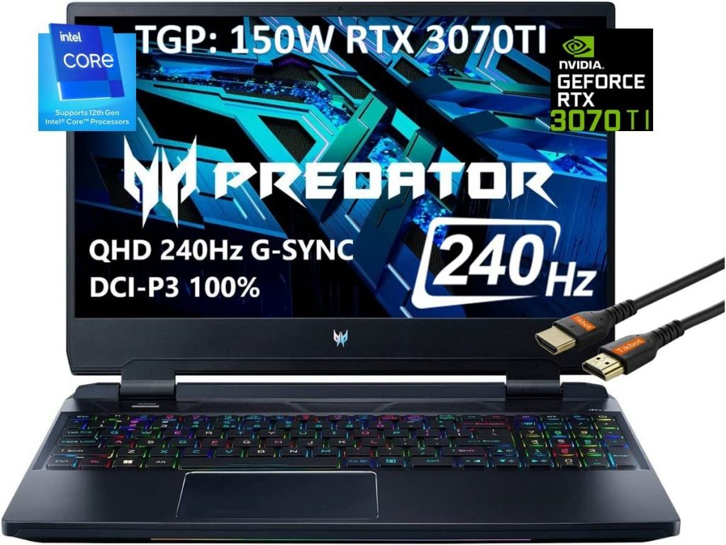 Laptop Acer Notebook Predator Helios 300 15,6″ 2K QHD 240Hz para jogos (Intel i7-12700H 14-Core, GeForce RTX 3070 Ti [TGP: 150W] 8GB, RGB KYB, Thunderbolt 4, WiFi 6E, Win11Home) c/ HDMI (16GB RAM | 1TB PCIe SSD)