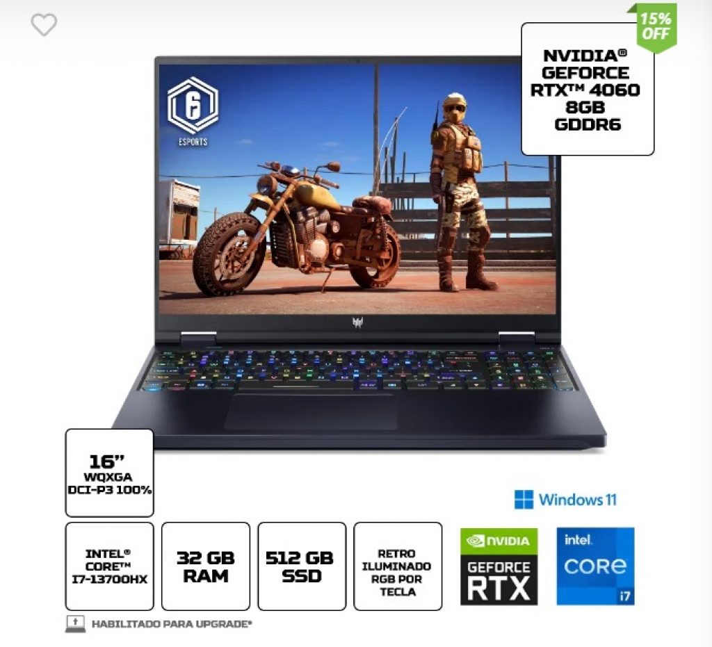 Notebook Acer Predator Helios PH16-71-718H Ci7 13ª 13700HX Windows 11 Home 32GB RAM 512GB RTX 4060 16” WQXGA 240HZ