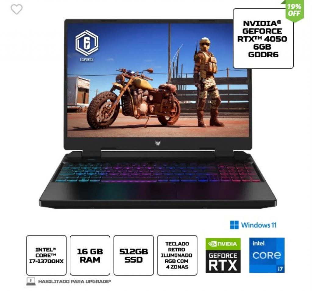 Notebook Predator Helios Neo PHN16-71-75CM Ci7 13° Windows 11 Home 16GB 512GB SSD RTX 4050 16” WUXGA