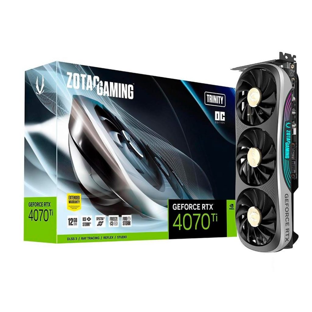 Placa de Vídeo RTX 4070 Ti Trinity OC ZOTAC Gaming NVIDIA Geforce, 12GB GDDR6X, DLSS 3, Ray Tracing – ZT-D40710J-10P