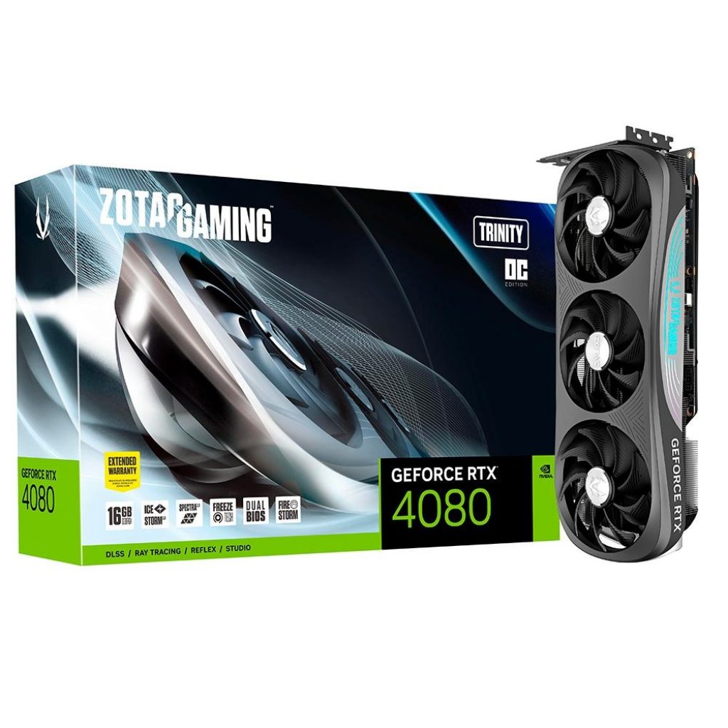 Placa de Vídeo RTX 4080 Trinity OC ZOTAC GeForce, 16 GB GDDR6X, DLSS, Ray Tracing – ZT-D40810J-10P