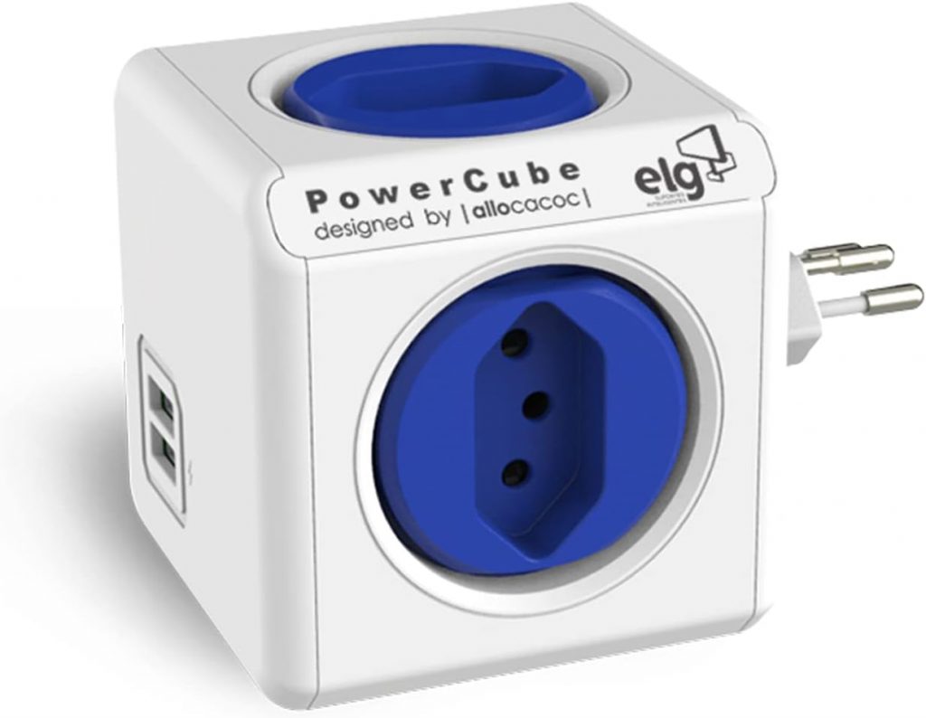 Multiplicador 4 Tomadas Bivolt + 2 USB 2.4A - PowerCube USB ELG - PWC-R4U, Azul e Branco