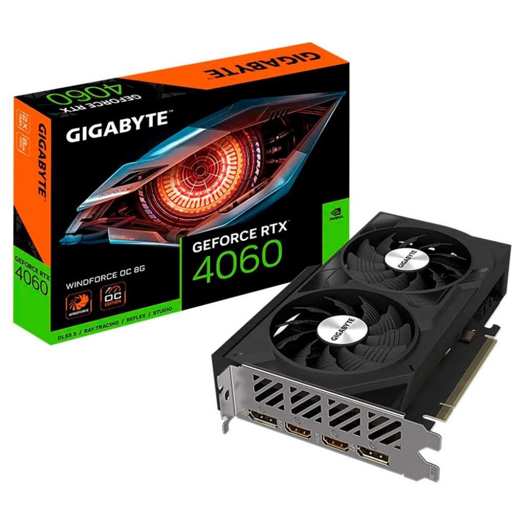 Placa de Vídeo RTX 4060 WINDFORCE OC Gigabyte NVIDIA GeForce, 8GB GDDR6, DLSS, Ray Tracing – GV-N4060WF2OC-8GD