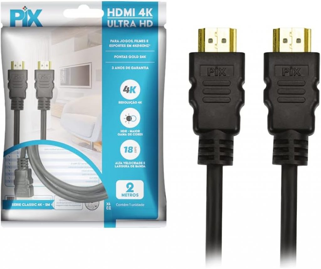 Cabo HDMI 2.0 4K HDR 19P 2M Pix Gold, Preto