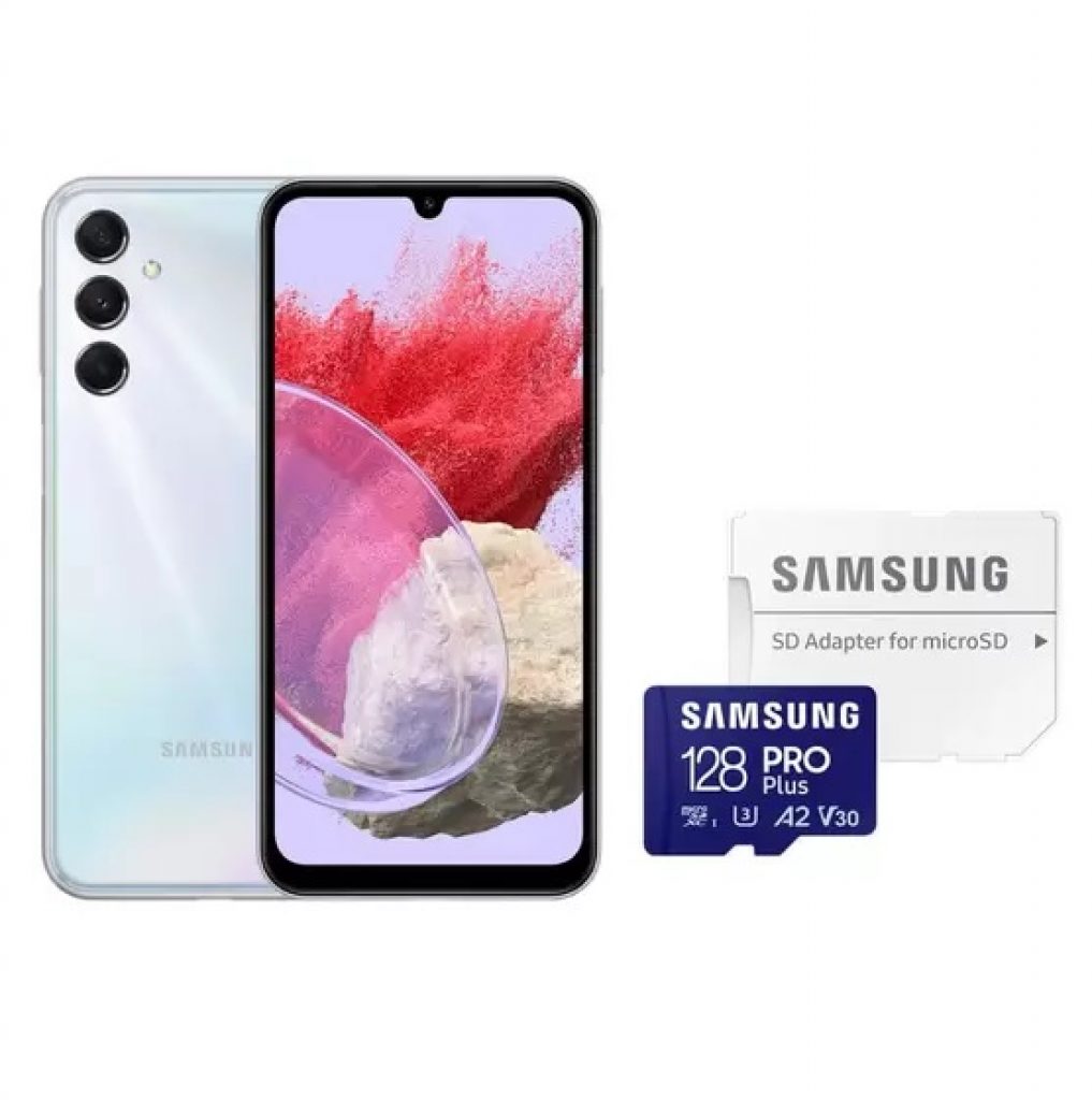Galaxy Samsung Galaxy M34 5G, 128GB, 6GB, Tela Infinita Super AMOLED FHD 6.5″ Dual Chip Prata + Cartão De Memória 128Gb Pro Plus – Samsung