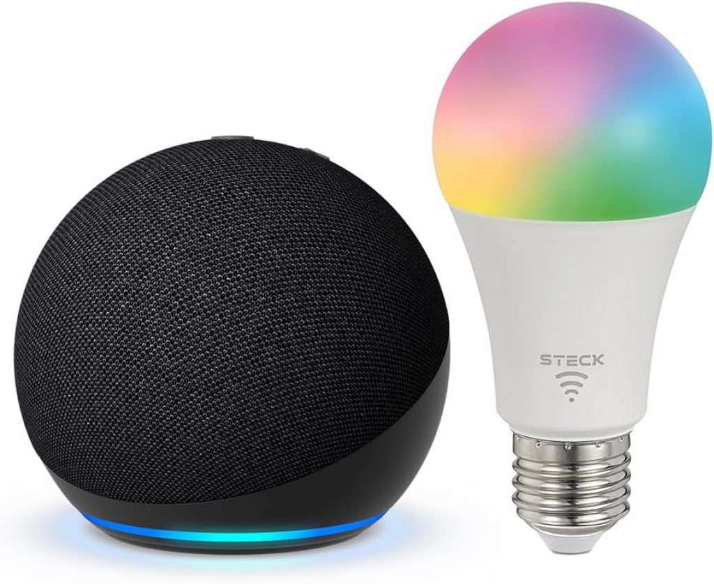 Novo Echo Dot 5ª geração | O Echo Dot com o melhor som já lançado | Cor Preta + Lâmpada Smarteck 12W