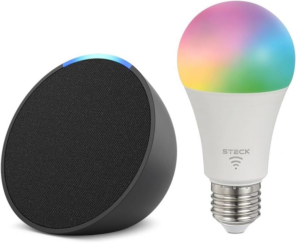Echo Pop | Smart speaker compacto com som envolvente e Alexa | Cor Preta + Lâmpada Smarteck 12W