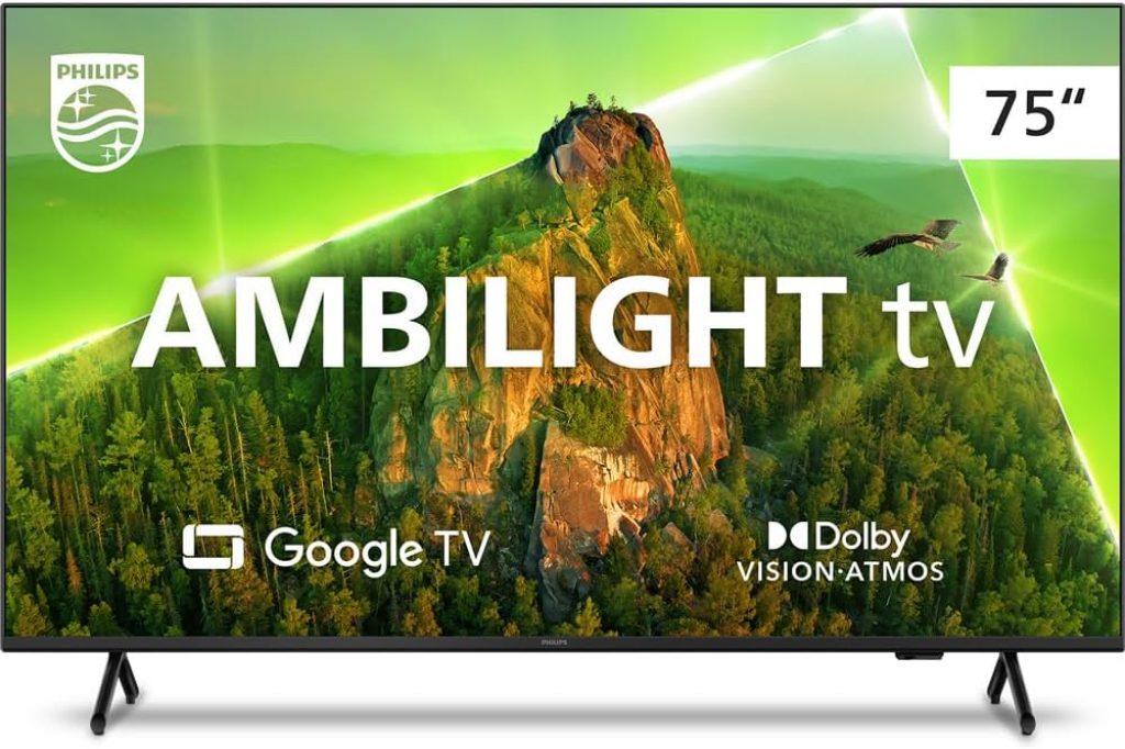 Smart TV Philips Ambilight 75″ 4K 75PUG7908/78, Google TV, Comando de Voz, Dolby Vision/Atmos, VRR/ALLM, Bluetooth