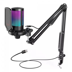 Microfone Gamer Fifine SuperFrame Edition SFM1, RGB, USB, Black, Com Braço Articulado