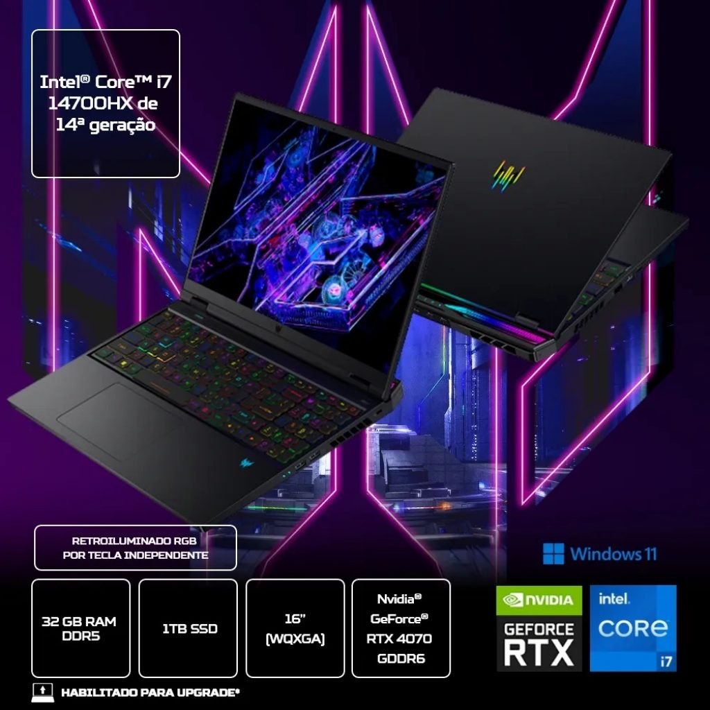 Notebook Predator Helios i7 14700HX 32GB RAM 1TB SSD RTX 4070 16” WQXGA 240Hz IPS Windows 11 – PH16-72-72JA