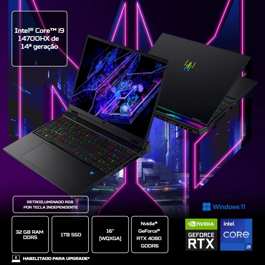 Notebook Predator Helios PH16-72-93PK Ci9 14°Gen Windows 11 Home 32GB 1TB SSD RTX 4080 16” WQXGA