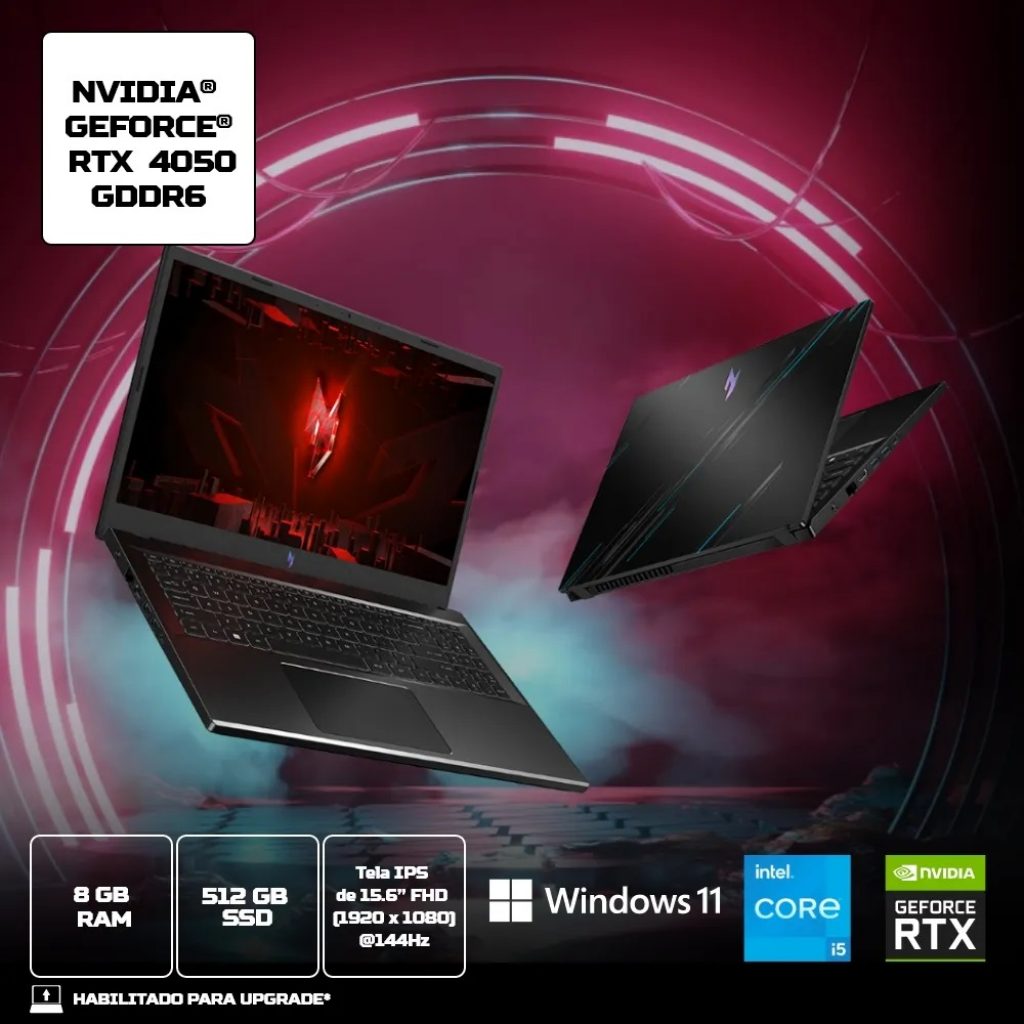 Notebook Gamer Acer Nitro V15 Core i5-13420H 8GB RAM 512GB SSD RTX 4050 6GB 15.6″ IPS FHD 144Hz Windows 11 Home – ANV15-51-54DL