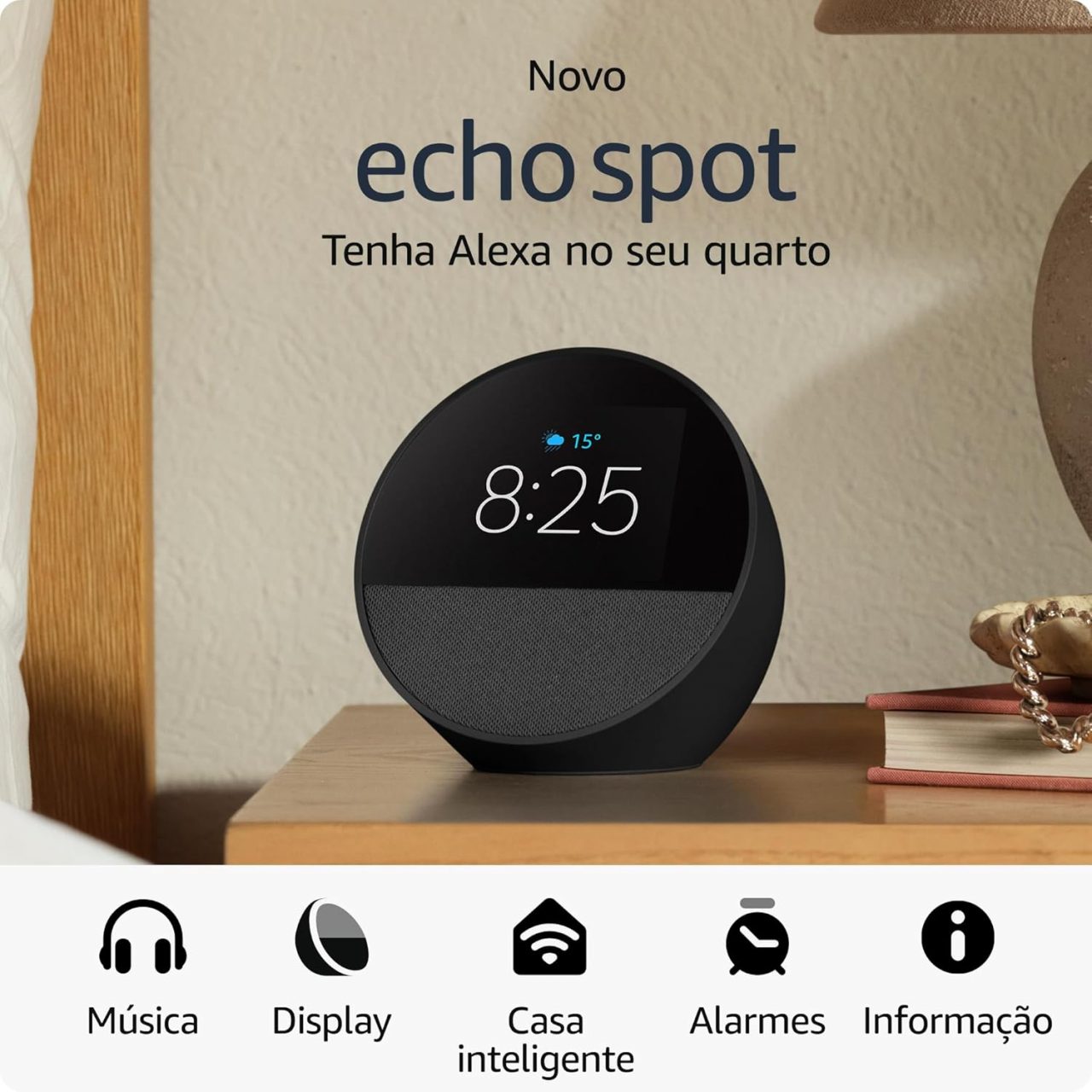 Novo Echo Spot com Alexa (2024) Despertador inteligente com som ...