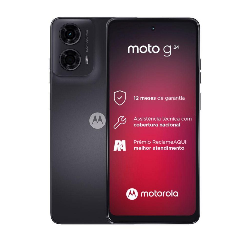 Smartphone Motorola Moto G24 Grafite com 256GB, 4GB RAMt, Tela de 6.6″, Câmera Dupla, Dolby Atmos, Android 14 e Processador Octa-core