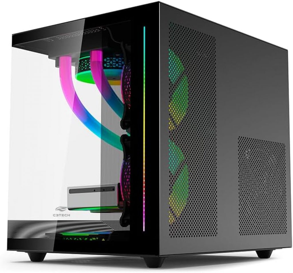 Gabinete AQUARIUS Gaming C3Tech MT-G810BK Preto frontal e lateral de vidro temperado USB 2.0, 3.0 e USB-C Conector P2 para Audio e Microfone Comporta até 7 coolers Fan Filtro anti poeira