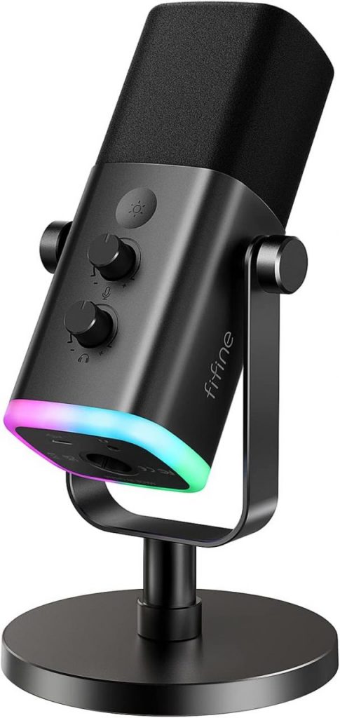 Microfone dinâmico Fifine Ampligame AM8 XLR/USB para gravação podcast, mic streaming para PC, RGB, botão mudo, conector para fones ouvido, suporte de mesa