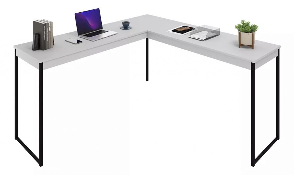Mesa Em L Escrivaninha De Canto Nórdico Moderno Com Estrutura Em Ferro E Tampo De Madeira- Cor: Branco Com Preto Ideal Para Home Office Estilo Industrial