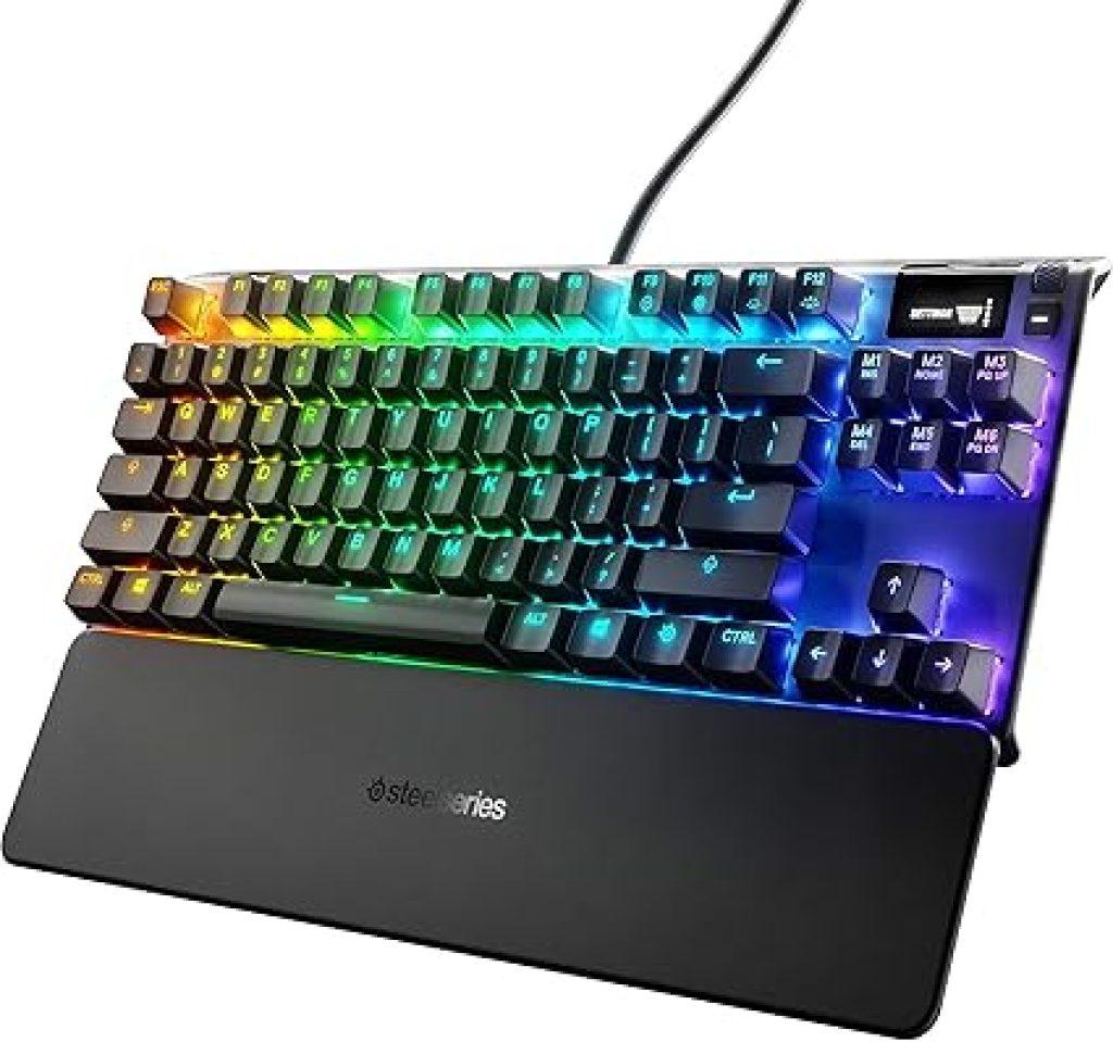 SteelSeries Teclado mecânico compacto para jogos Apex 7 TKL – Tela inteligente OLED – Controles de passagem USB e mídia – Linear e silenciosa – Retroiluminação RGB (Switch Red)