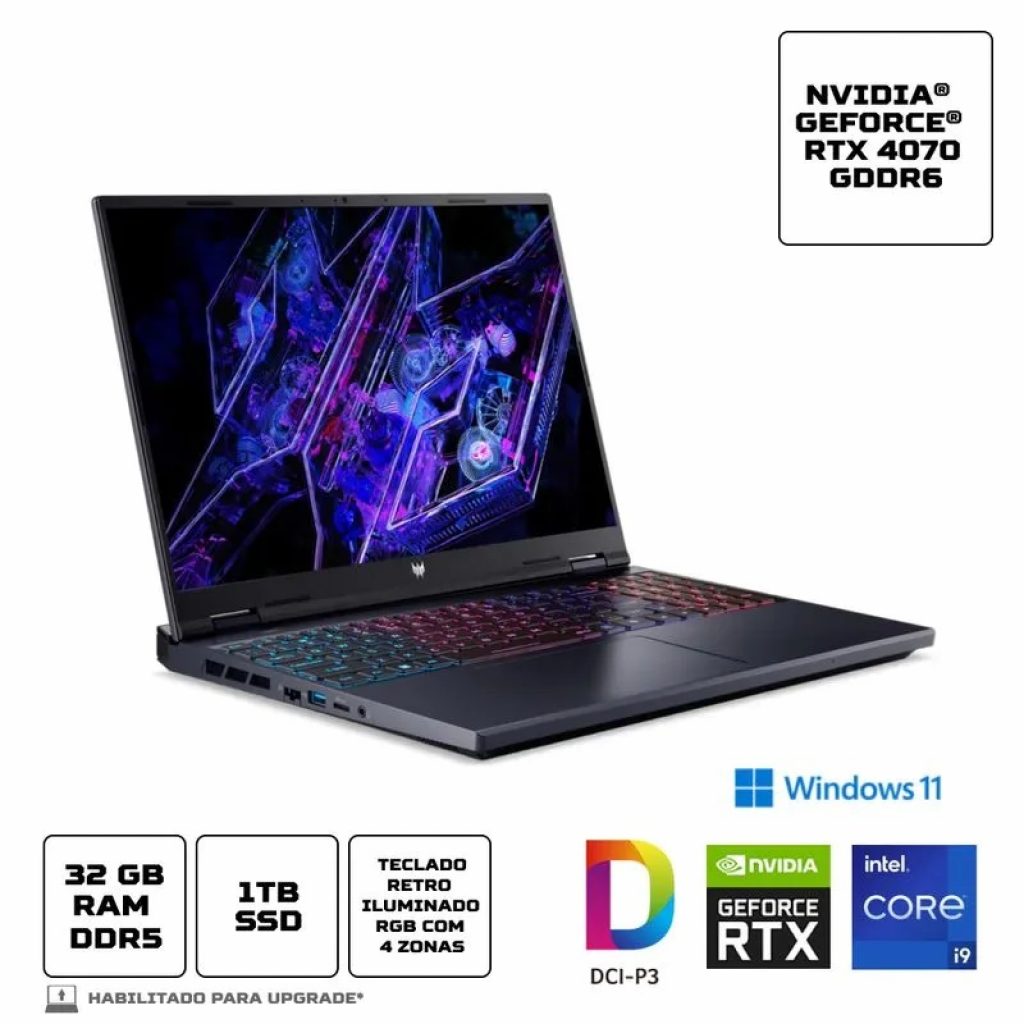 Notebook Acer Predator Helios Neo Intel Core i9 14900HX 14ª Gen 32GB RAM 1TB SSD RTX 4070 16″ 240Hz IPS W11 Home – PHN16-72-99MY