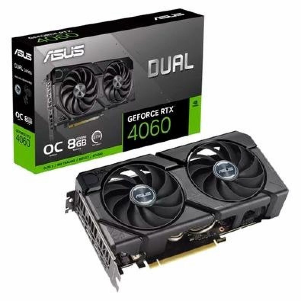 Placa de vídeo RTX 4060 ASUS Dual 8G EVO OC NVIDIA GeForce, 8GB GDDR6, G-SYNC, Ray Tracing – 90YV0JC7-M0NA00