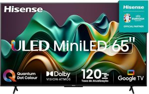 Smart TV 65” Hisense 65U6N 4K Mini LED com Google TV, HDR10+, Dolby Atmos, Wi-Fi, Bluetooth, USB e HDMI – 65U66LUA