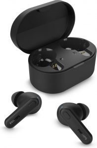 Fone de ouvido sem fio TWS Philips TAT1108BK/00 – bluetooth com microfone, formato em haste, IPX4, energia para 15 horas totais