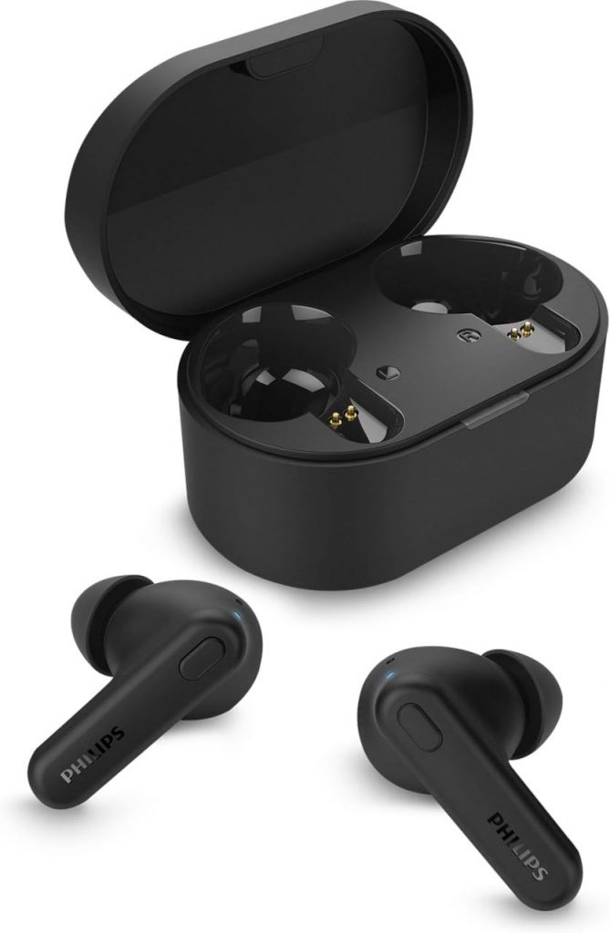 Fone de ouvido sem fio TWS Philips TAT1108BK/00 – bluetooth com microfone, formato em haste, IPX4, energia para 15 horas totais
