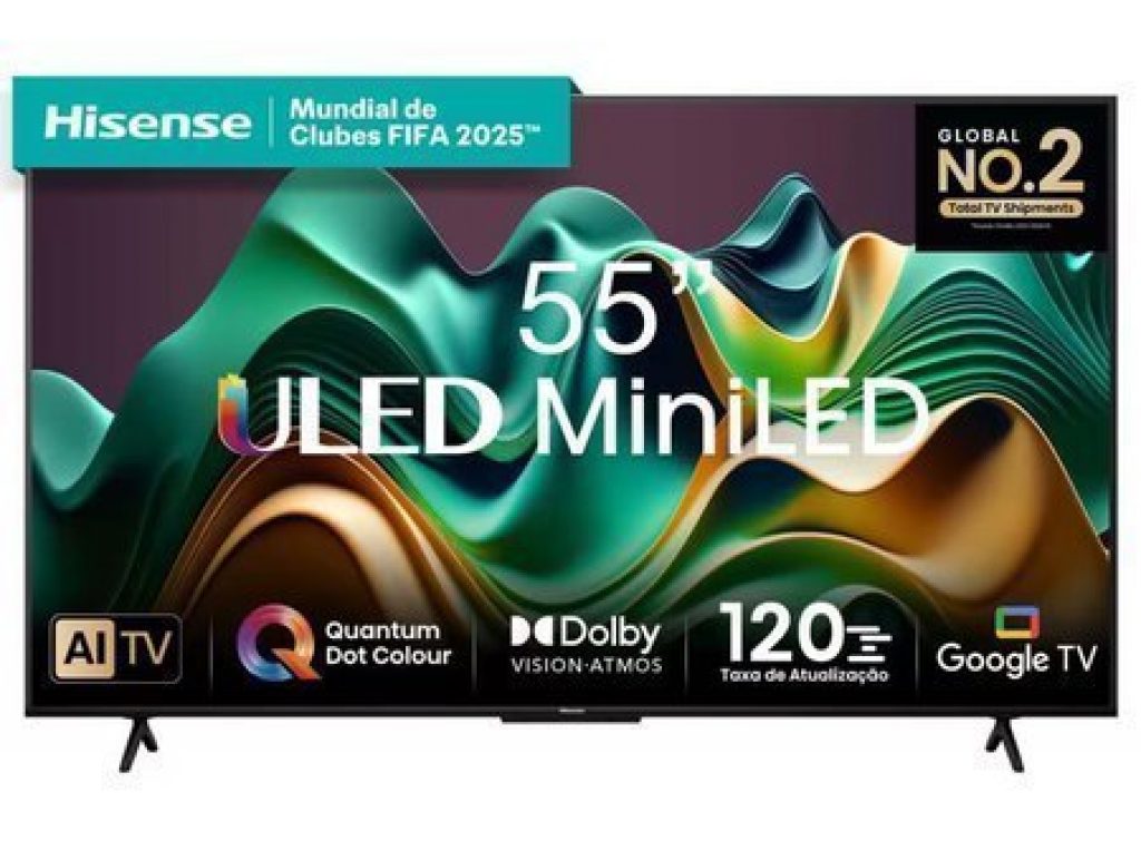 Smart TV 55” Hisense Ultra HD 4K Mini LED U6N com Google TV, Wi-Fi, Bluetooth, USB e HDMI – 55U66LUA