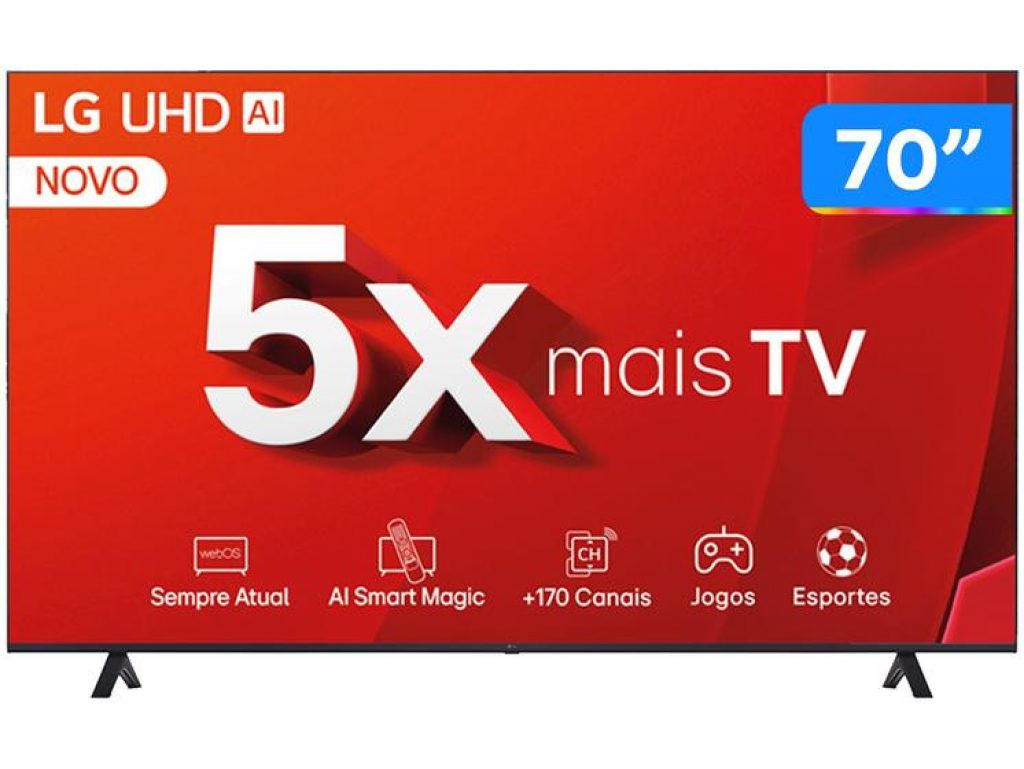Smart TV 70″ 4K LG Ultra HD 70UT8050 com Processador a5 Ger7 AI, Alexa/Chromecast integrado, Otimizador de Jogos, webOS 24 e Controle Smart Magic