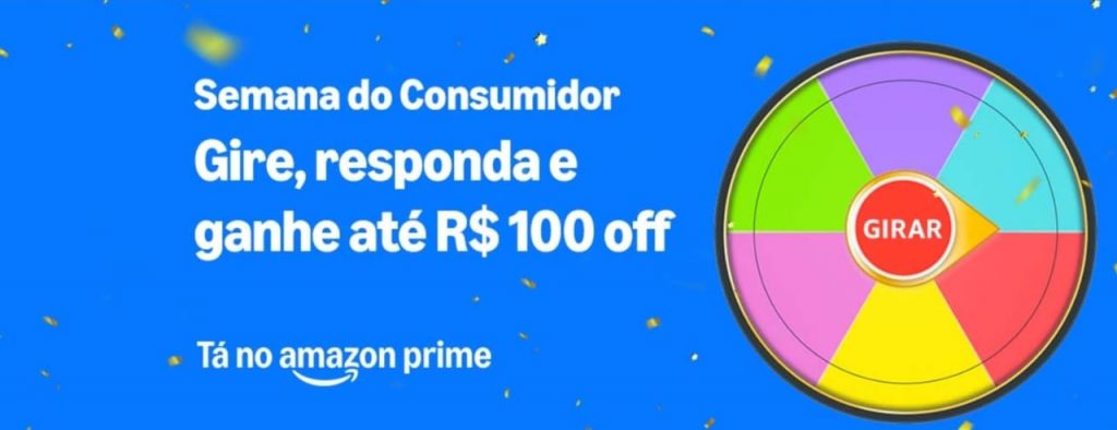 Roda a Roda J̶e̶q̶u̶i̶t̶i̶  Amazon – Gire a roleta e tente a sorte pra ganhar um cupom de até R$ 100,00 off