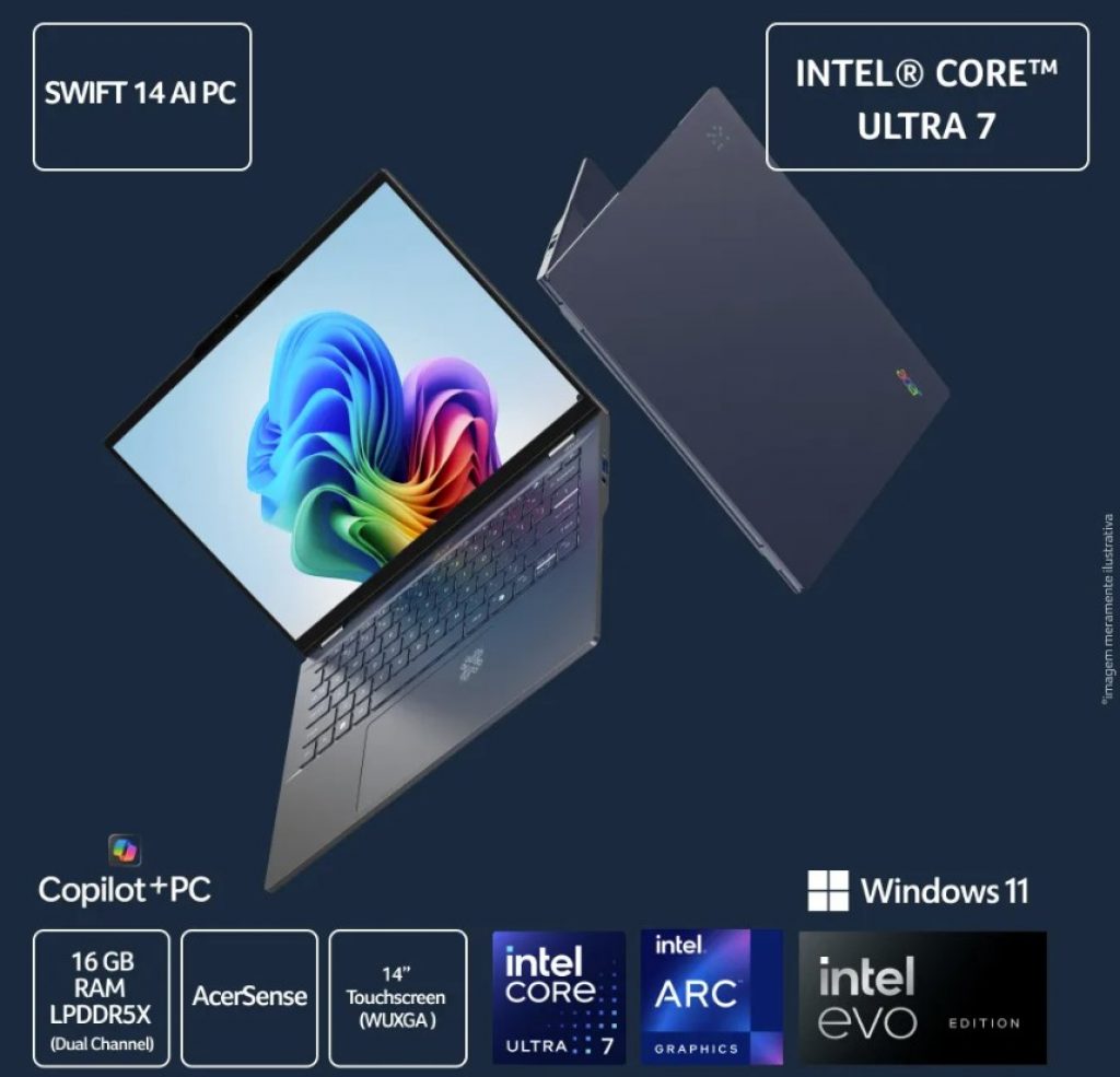 Notebook Acer Swift 14 AI, Intel Core Ultra 7-256V, 16GB, SSD 1TB M.2 NVMe, Tela 14″ LED IPS, Windows 11 – Sf14-51t-72bm