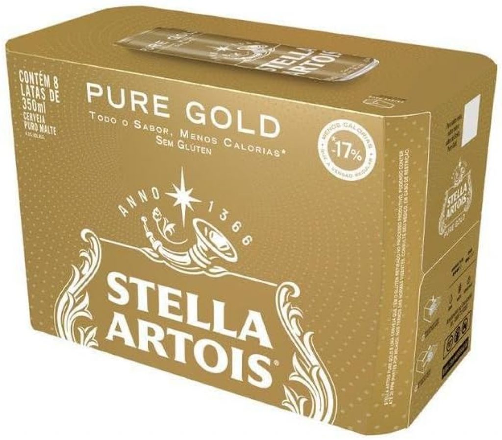 Pack Cerveja Stella Artois Pure Gold, Lata, 350ml, Caixa 8 unidades