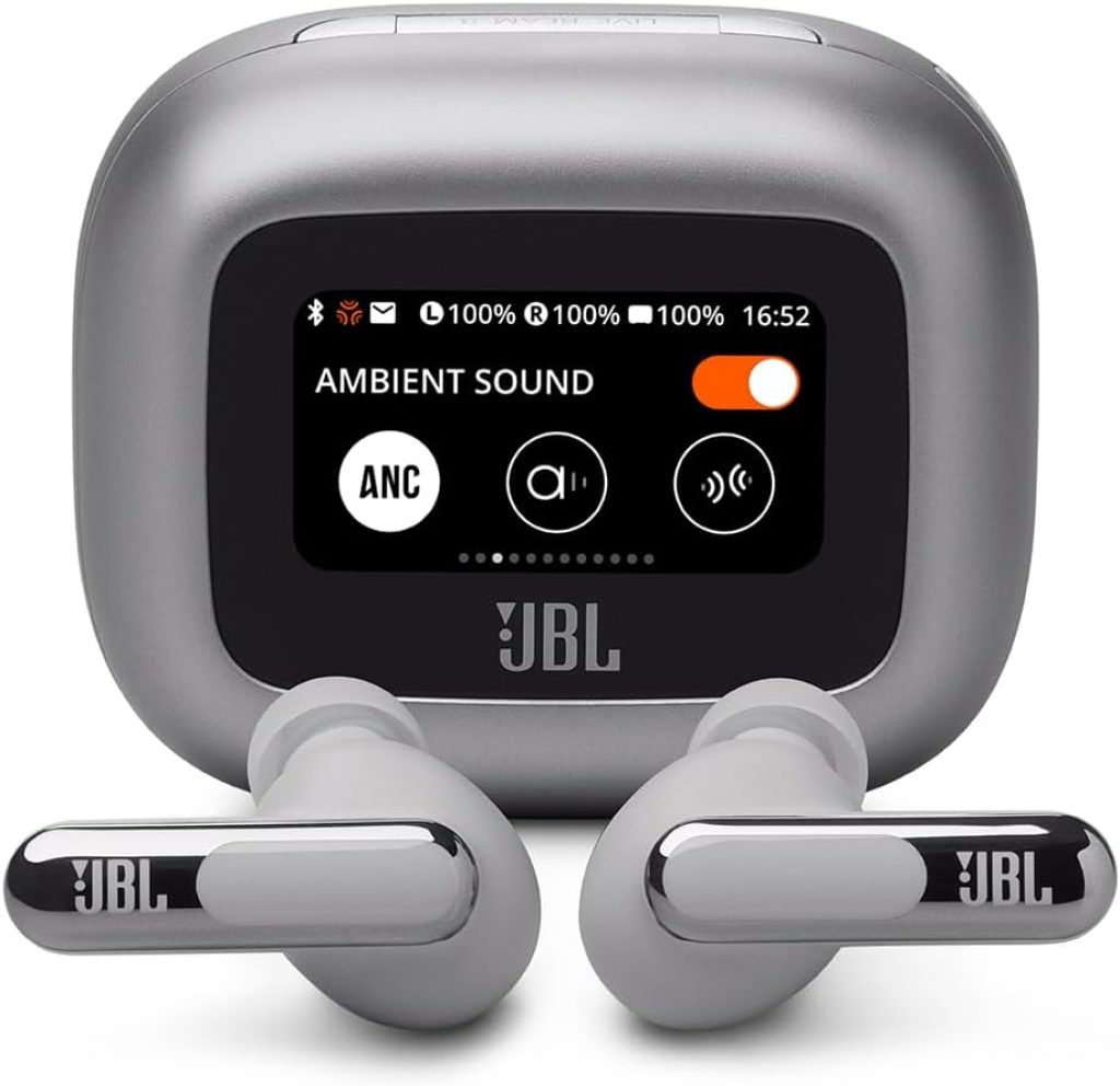 Fone de Ouvido Bluetooth JBL Live Beam 3, Intra Auricular, Sem Fio, Com Tela de 1.45″, Cancelamento de Ruído, Resistente À Água e Poeira – Prata