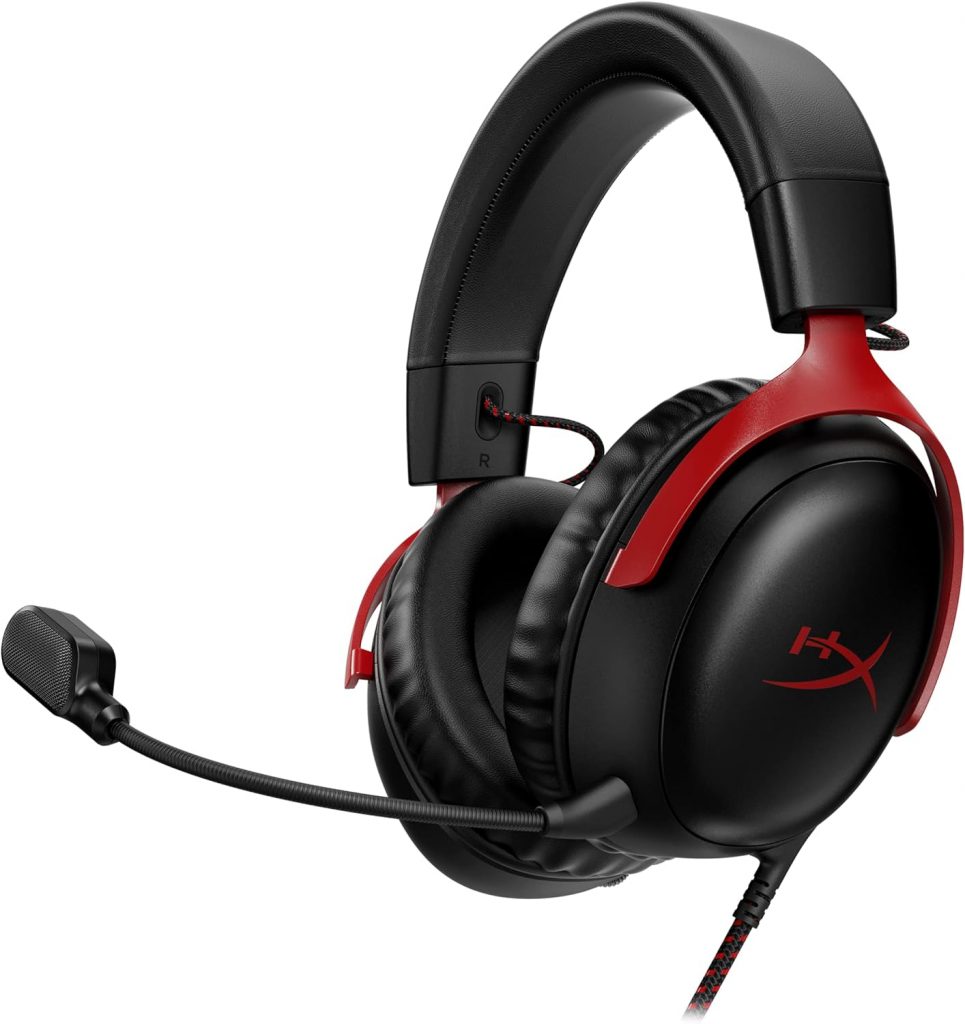 Headset Gamer HyperX Cloud III – Compatível com PC, PS5, Xbox Series X|S, Drivers Angulados de 53mm, Áudio DTS, Microfone de 10 mm, USB-C, USB-A, Fio de 3,5 mm, Vermelho e Preto (727A9AA)