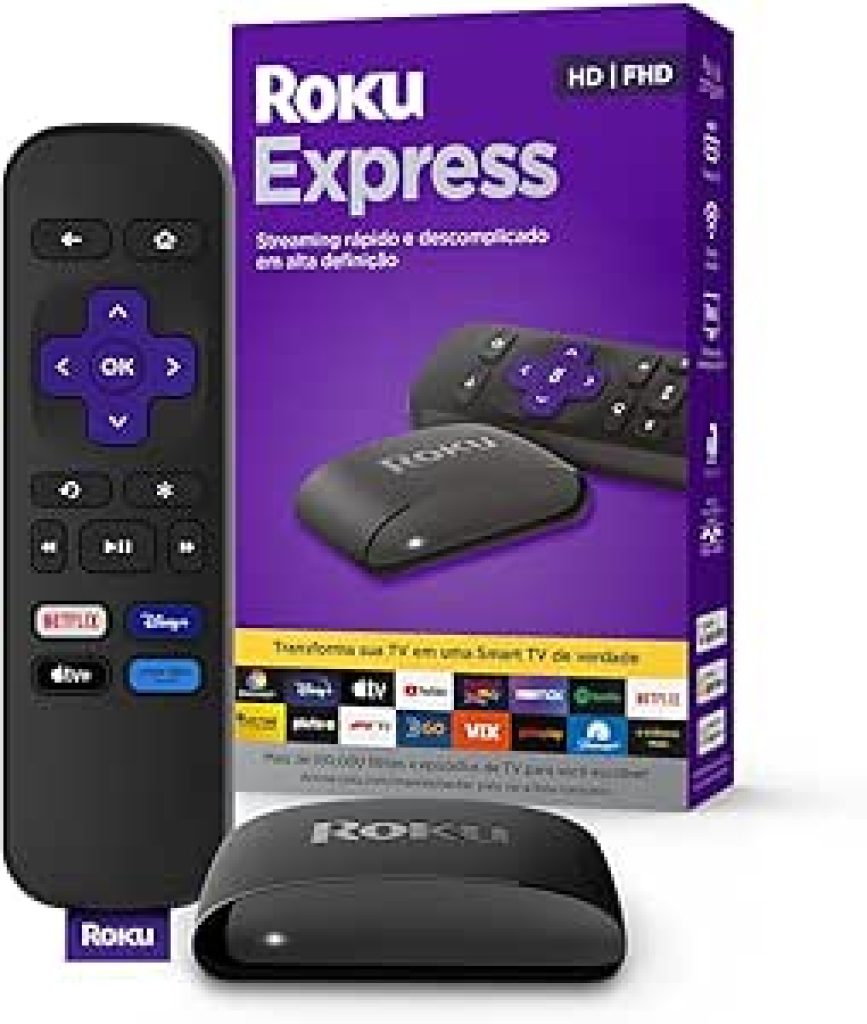 Roku Express – Streaming player Full HD, Transforma sua TV em Smart TV, Com controle remoto e cabo HDMI incluídos