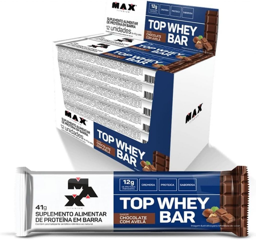 Top Whey Bar – Caixa C/12 Unidades – Max Titanium Sabor Chocolate com avelã