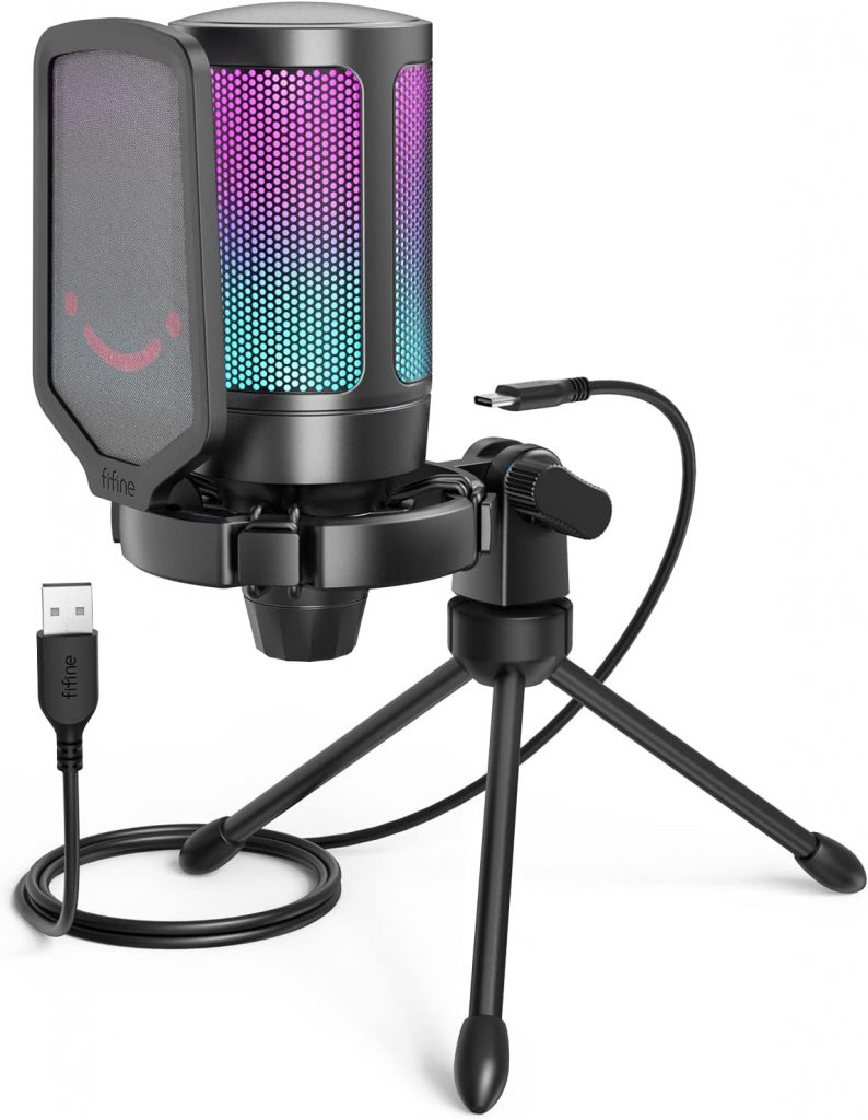 FIFINE A6V Microfone Condensador USB Para Jogos Para PS5 PC, Com Mute Rápido, Indicador RGB, Suporte Tripé, Pop Filter, Suporte De Choque, Controle De Ganho – Preto