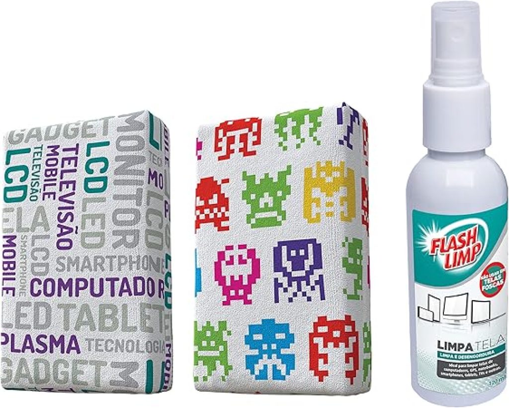 Kit com 2 Esponjas Microfibra e 1 Limpa Telas Spray 120ml, Estampas Sortidas, Flash Limp