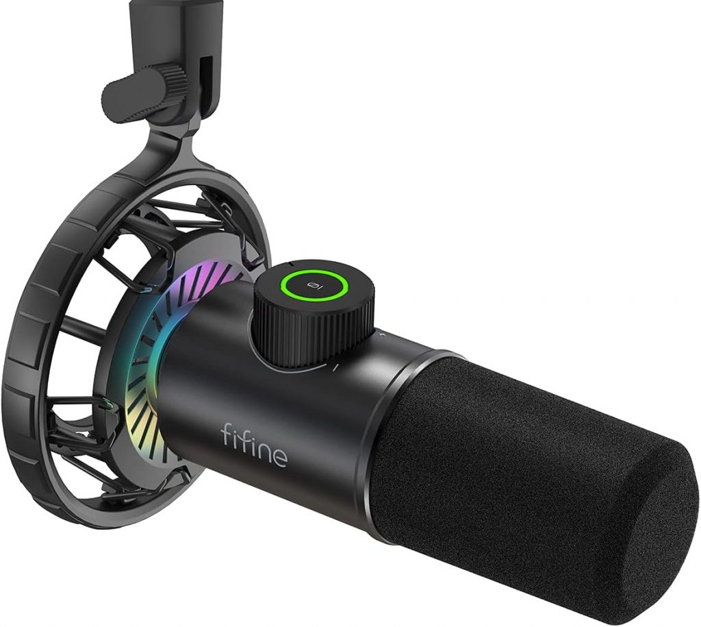Microfone Dinâmico RGB FIFINE K658, USB Streaming Vocal Profissional, Função Mute, Conector de fone ouvido, Controle de volume de ganho, Gravação de Podcast, PC, MAC, PS, PS5