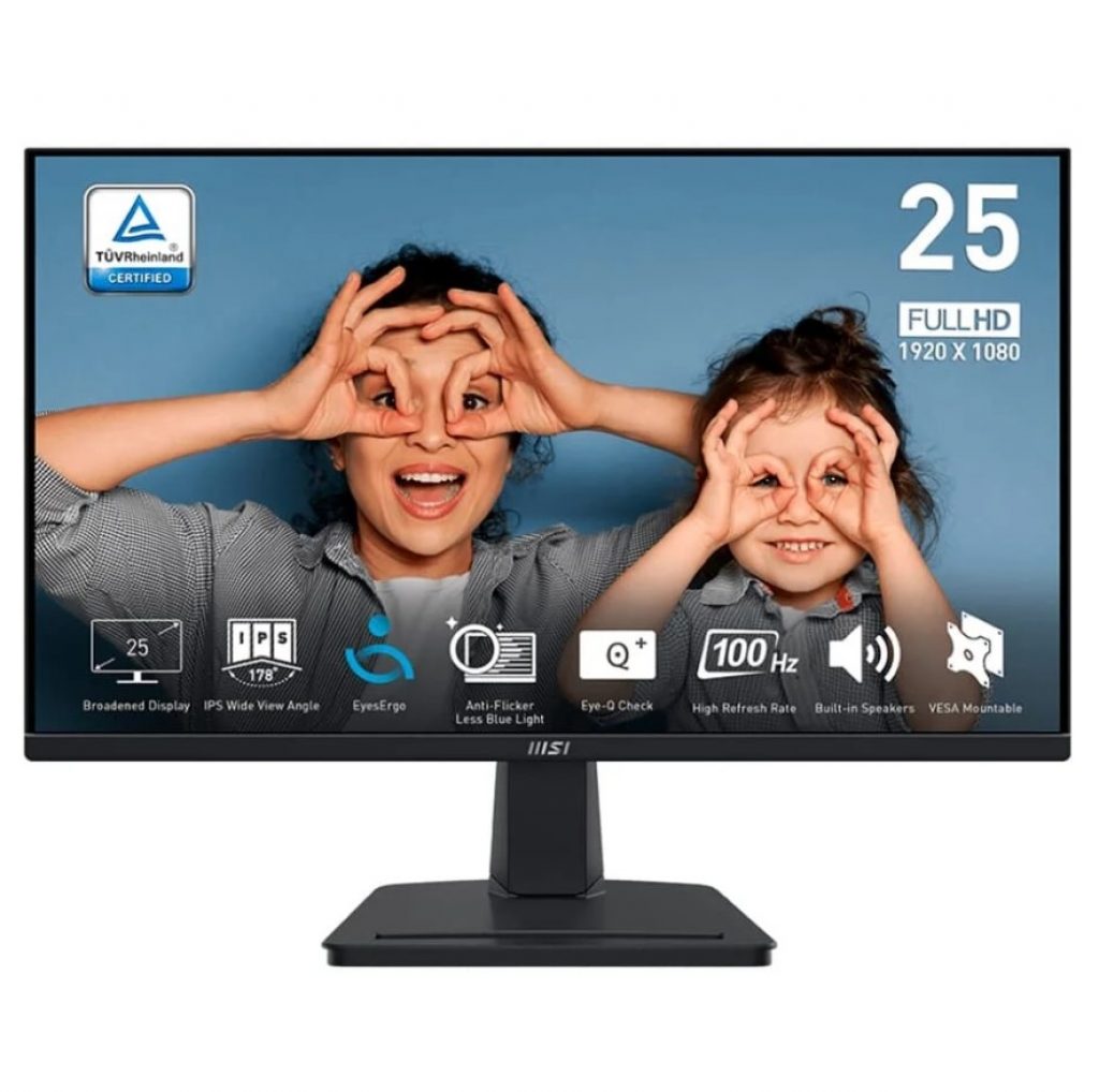 Monitor MSI PRO MP251 25″ FHD, Tela Flat, IPS, 100hz, 1ms-4ms, HDMI e VGA, Anti-reflexo, Alto-falantes Embutidos, Preto – 9S6-3PC2CM-001