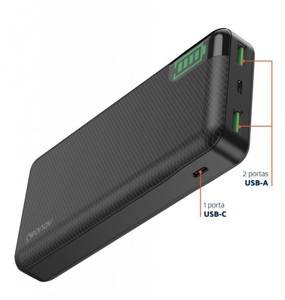 Geonav Power Bank, Carregador Portátil Universal 20.000mAh, 2 saídas USB QC 3.0 para carregamento rápido + 1 saída USB-C (PD) até 18W, até 7 recargas, PB20KBK