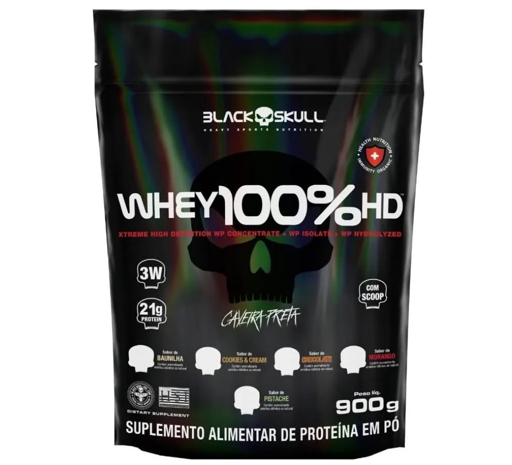 Refil Whey 100% Hd Chocolate 900G, Black Skull