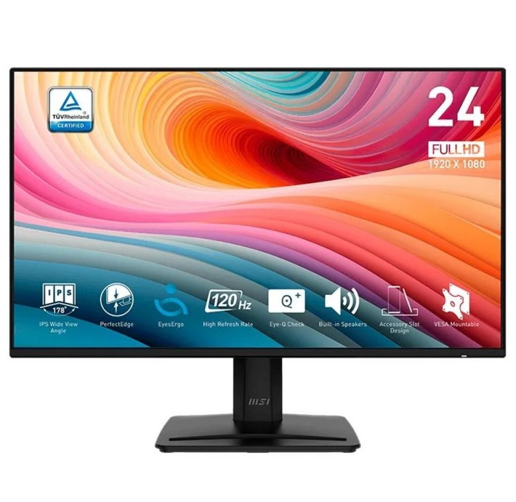 Monitor MSI PRO MP242A E2 24″ FHD, Tela Flat, IPS, 120Hz, 1ms-4ms, DP, HDMI e VGA, Alto-falantes Embutidos, Preto – 9S6-3PD1CT-002